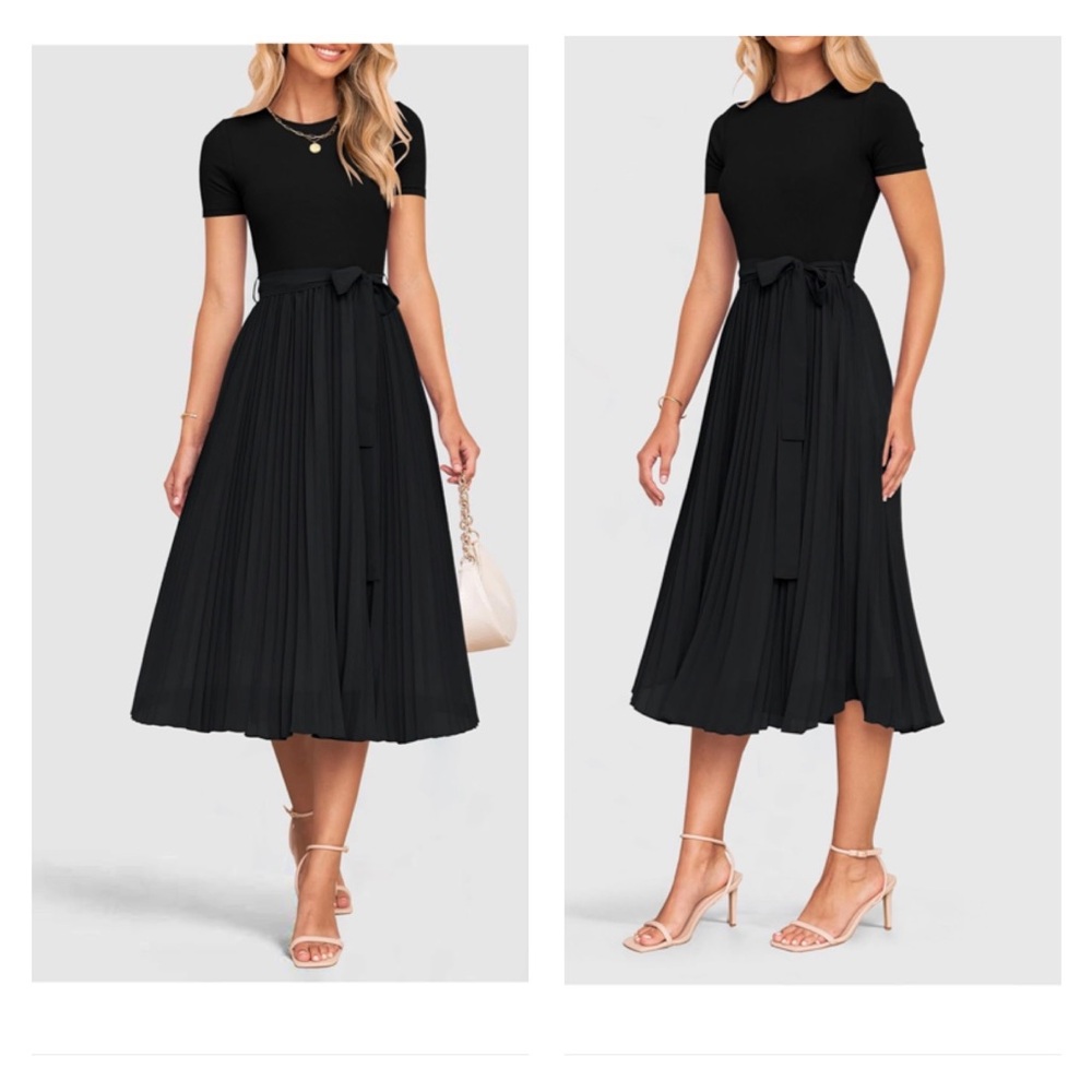 Short Sleeve Midi Crew Neck Ribbed Knit Belted Pleated A Line Long Dress